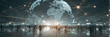 Busy airport terminal filled with travelers navigating through the space, highlighted by a large digital globe and illuminated with abundant lighting at night.の素材