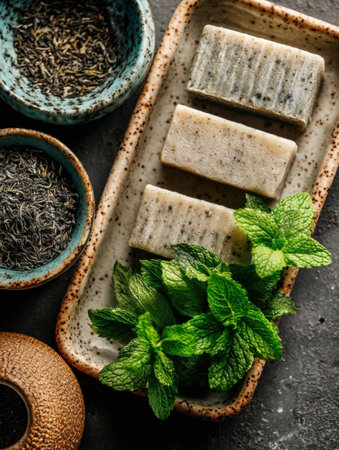 Natural soaps are artistically arranged on a rustic plate with fresh mint leaves and dried herbs, showing an emphasis on organic wellness and self-care.の素材