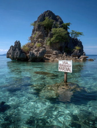 A rocky island emerges from the azure waters, marked by a wooden signpost that guides visitors to their tropical destination, under a bright blue sky.の素材