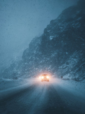 A vehicle cautiously drives along a treacherous road surrounded by snow-covered mountains during a severe snowstorm, creating a dramatic winter scene.の素材