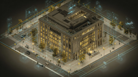 A modern building at night in the city, showcasing lit windows, streets, and digital overlays of activity.の素材