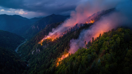 A wildfire engulfs a mountainous region as flames and smoke billow into the dusk sky, showing the urgency of the natural disaster.の素材