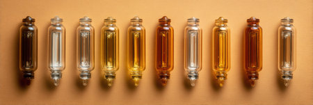 A set of daily ampoules is displayed in a neat side layout under studio lighting, showing various colors and textures against a soft background.の素材