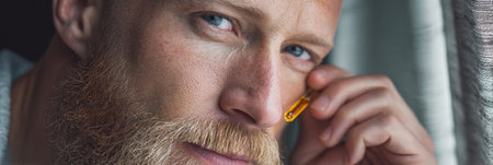 A man with a light beard gazes intently while holding a yellow object against his cheek in a softly lit indoor setting.の素材