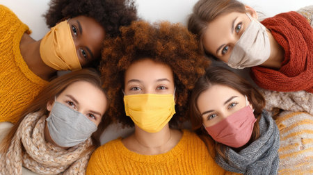 Five women with different hair textures and colors are smiling while wearing masks and cozy sweaters, creating a warm and friendly atmosphere indoors.の素材