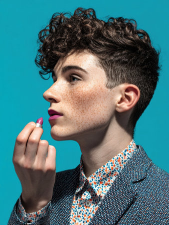 Individual with curly hair is focused on applying lipstick, showcasing a vibrant look with a bold color choice, complemented by their fashionable attire.の素材