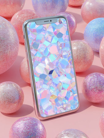 A smartphone displaying a vibrant, geometric design rests on a pastel pink surface, surrounded by sparkling spheres in various colors.の素材