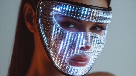 A woman relaxes with a LED therapy mask in a futuristic spa environment, highlighting the benefits of advanced skincare treatments in a serene atmosphere.の素材