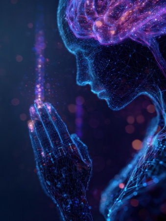 A figure prays with a lit brain, surrounded by bright neural connections against a starry night sky.の素材