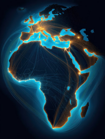 Detailed graphic showing connections between Africa and Europe with illuminated lines representing data flows and transport networks in a dark background.の素材