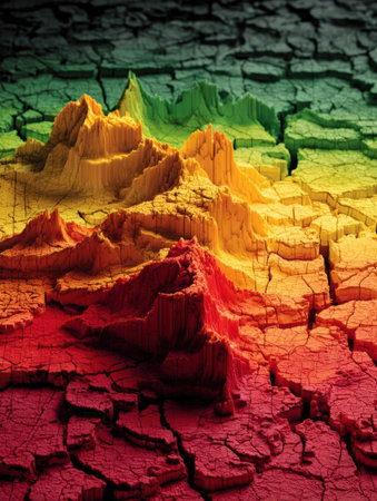 A vivid abstract representation depicts mountains in bright colors over a dry cracked ground, creating a captivating visual effect with layers.の素材