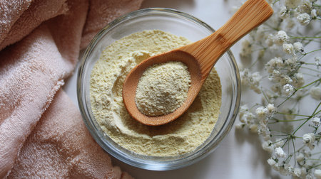 A glass bowl holds a fine powdered skincare blend, accompanied by a bamboo spoon, set against a soft towel and delicate flowers, creating a calm atmosphere.の素材
