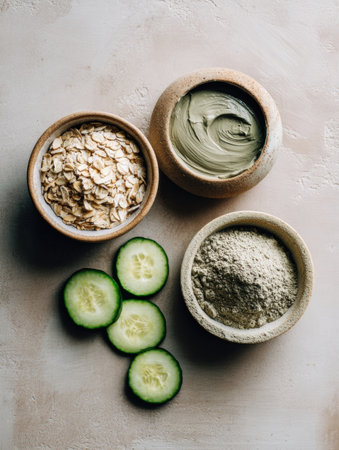 Various natural skin care ingredients are displayed, including oats, clay in a bowl, and fresh cucumber slices, arranged elegantly on a light background.の素材