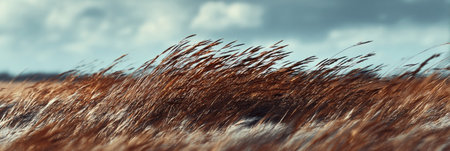 Tall grasses bend and sway as strong winds pass through an open field, creating a dynamic and lively atmosphere against a cloudy backdrop.の素材