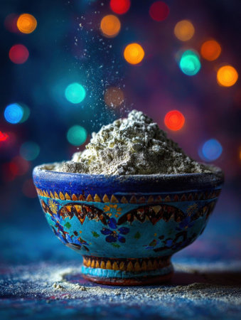A decorative bowl is filled with a blend of spices, releasing a fine dust into the air, set against a backdrop of colorful twinkling lights.の素材