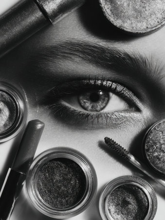 Artistic arrangement showcases various eye and lip products in a monochrome style, emphasizing textures and shapes with a modern editorial touch.の素材