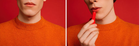 A man dressed in a bright orange sweater is seen applying a red lip product close to his lips, with a vibrant red background enhancing the visual appeal.の素材