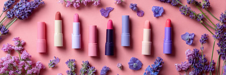 Eight vibrant lipsticks laid neatly arranged among fresh lavender and colorful petals on a soft pink background, creating an attractive beauty display.の素材
