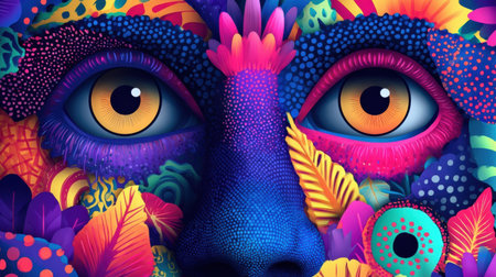Face adorned with bright colors and intricate patterns blends seamlessly with surrounding lively foliage, showing artistic expression and creativity.の素材