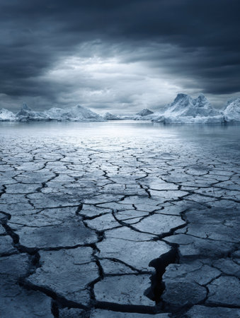Frozen ground shows deep cracks while icy mountains rise in the background under an overcast sky during twilight hours.の素材