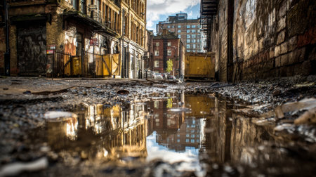 Waterlogged alleyway showcases reflections of urban architecture and cloudy skies, highlighting the blend of nature and city life in Glasgow.の素材