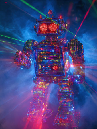 A vibrant robot illuminated with multicolored lights stands amidst cascading laser beams, creating a dynamic atmosphere during a nighttime celebration.の素材