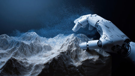 A robotic hand shapes a textured terrain resembling mountains using fine particles, showcasing innovation and the intersection of technology with art.の素材