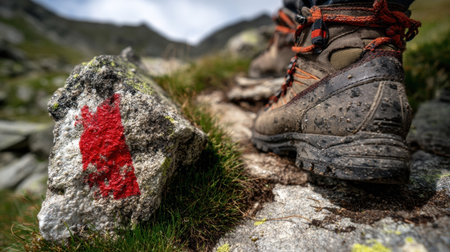 A hiker is seen stepping over a trail marker painted on a rock while walking on a rocky path through lush greenery in a mountainous area.の素材