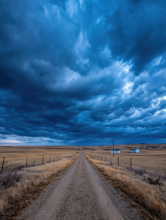 A winding dirt road stretches through a vast open field under a dramatic sky filled with ominous clouds as dusk approaches.の素材