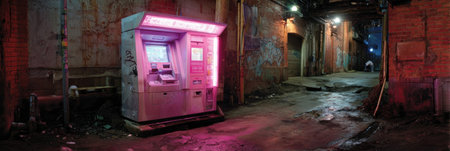 Brightly lit ATM stands in a dark alleyway at night, surrounded by wet pavement and graffiti, casting a pink glow in the urban setting.の素材