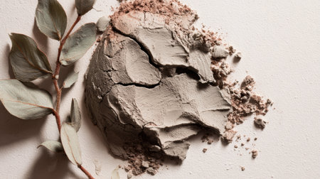 Cracking natural clay mask on skin highlights earthy tones against a clean background, symbolizing nature-inspired skincare and self-care practices.の素材