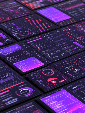 Multiple screens filled with vibrant data visualizations, graphs, and system metrics create a dynamic and visually engaging tech workspace.の素材