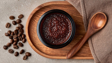 Natural coffee scrub sits in a black jar on a wooden tray, surrounded by coffee beans and a cloth napkin, showing its rich texture and aroma.の素材