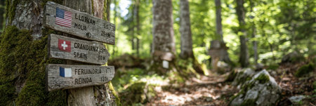 Wooden signs mark a hiking trail in a vibrant green forest, directing to Switzerland and France, inviting outdoor enthusiasts to explore nature.の素材