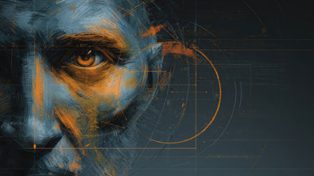 An intricate artistic representation focusing on a human eye with a blend of blue and orange hues against a dark background, evoking deep emotion.の素材