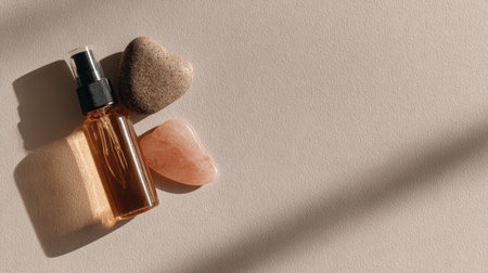 A calming arrangement of an essential oil bottle, smooth stones, and a natural crystal on a minimalist surface illuminated by gentle sunlight.の素材