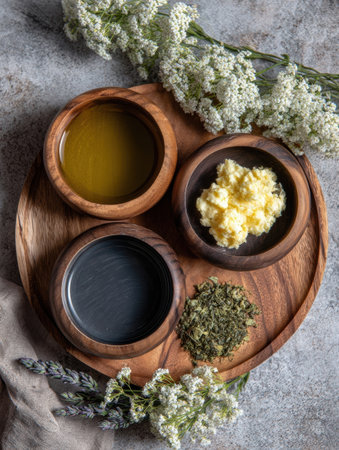 Skincare essentials arranged harmoniously on a wooden platter, featuring oils, herbal mixtures, and a lush backdrop of flowers and textiles.の素材