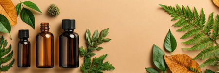 Brown glass oil bottles are surrounded by green leaves and dried herbs on a soft beige background, creating an organic and soothing atmosphere.の素材