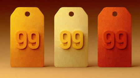 Three vivid sale tags display the price 99 in orange, yellow, and gold tones, creatively arranged against a smoothly blended gradient backdrop.の素材