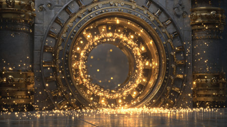 A glowing portal emits golden sparks in a mysterious vault, characterized by intricate metalwork and a dimly lit atmosphere, creating a magical scene.の素材