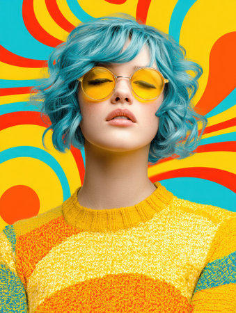 A striking 70s hairstyle with bright blue curls and yellow sunglasses pops against a lively, colorful pop art background.の素材