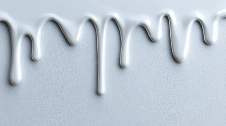 Realistic dripping gloss texture in white creates a visually striking effect against a clean wall, leaving the upper third space blank for creativity.の素材