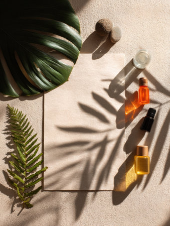 Various beauty products are arranged on a neutral surface, surrounded by tropical leaves and stones, with shadows creating a visually appealing composition.の素材