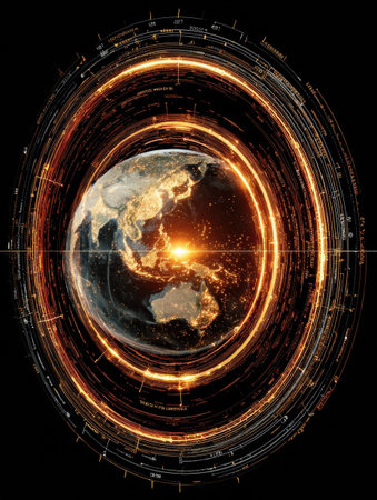 Glowing orange rings encircle Earth, emphasizing vibrant energy and dynamic movement, set against a solid black background for contrast and boldness.の素材