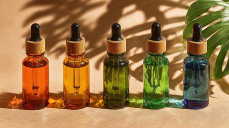 Five vibrant glass dropper bottles in orange, yellow, green, and blue are arranged neatly, showing different colored liquids against a soft surface.の素材