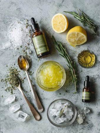 Natural ingredients are arranged on a rustic table to create a luxurious skincare product, featuring lemon, herbs, oils, and ice.の素材