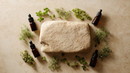 An assortment of fresh herbs and amber bottles filled with essential oils surround a smooth natural stone on a light-colored surface, promoting wellness.の素材