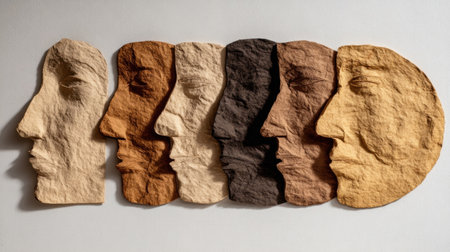 Textured face masks showing a range of earthy colors are displayed in a linear arrangement on a light background, creating a striking visual contrast.の素材