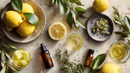 A collection of fresh lemons, herbs, and essential oils laid out on a kitchen surface, showing ingredients for natural wellness and home remedies.の素材