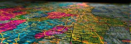 Brightly colored map features intricate details of roads and geographic boundaries in the Midwest, illustrating connectivity and landscape during daylight.の素材